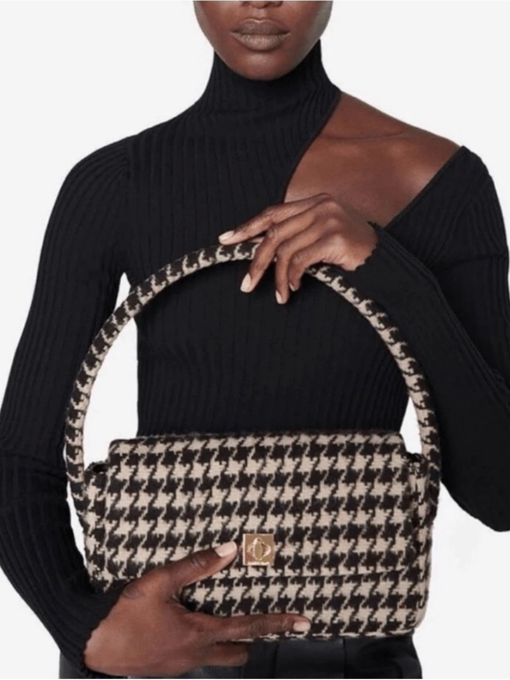 Anine Bing Houndstooth Top-Handle Bag in Black and Cream